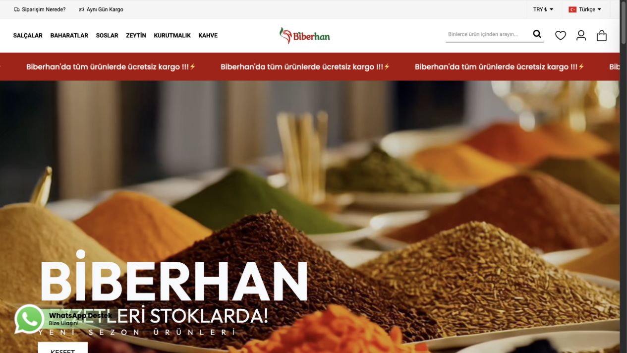 Biberhan web sitesi ana sayfa ekran görüntüsü